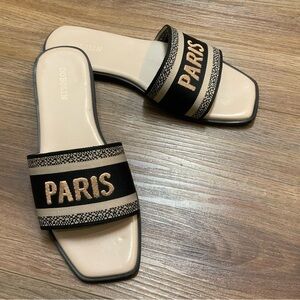 PARIS Woven Embroidered Slide Sandals size 37 1/2.